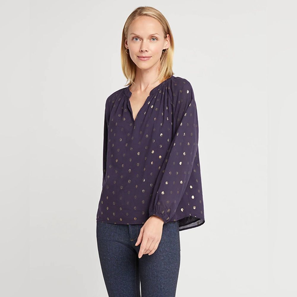 Jude Connally Navy Gold Polka Dot Lilith Cotton Voile Top Size M